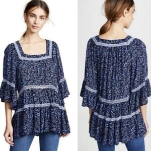 Free People Talk About It Blue Floral Tunic Top Size Medium